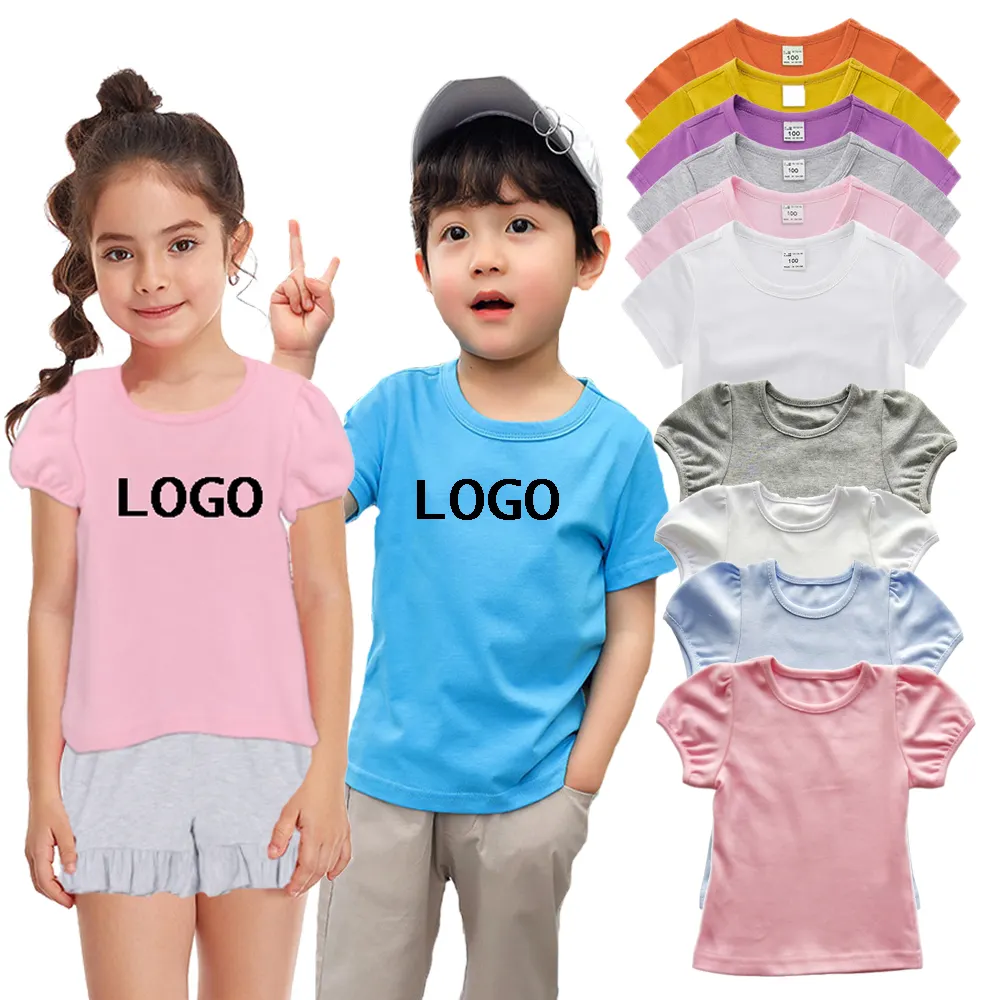 Custom Logo 2-14Y Kids T-shirt Zeefdruk Puffy Mouwen Meisjes T Shirts Katoen Voor Kids Blank Plain Jongens T-shirts