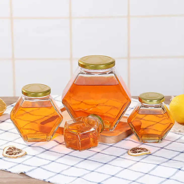 100ml 180ml 200ml 380ml Hexagonal Sauce Jam Jar Hexagonal Transparent Sealed Glass Honey Jar with metal Lid