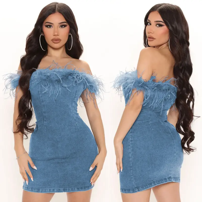 Primavera otoño mujer ropa fiesta Club desgaste caliente Sexy Denim vestido Jeans pluma vestidos de mujer