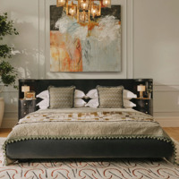 Lit de luxe italien en velours bleu ardoise, taille Queen, avec table de chevet et tête de lit, pieds ronds en bois, mobilier de chambre pour la maison et l'hôtel
