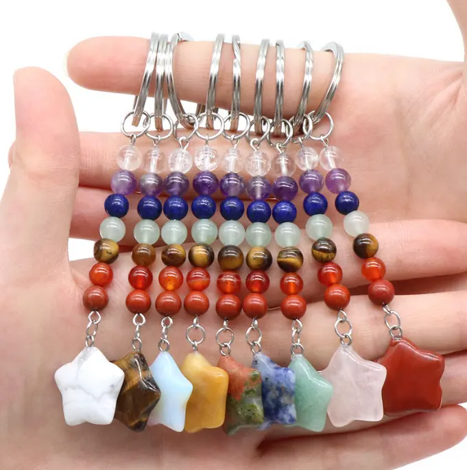 Beliebte Crystal Star Schlüssel anhänger mit 7 Chakra Stone Bead Charm Edelstein Schlüssel ring für Auto Brieftasche Rucksack