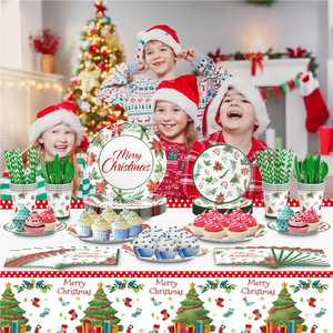 Ensemble de vaisselle jetable de noël assiettes en papier tasses serviettes bannières nappe couverts pour joyeux noël fête décor fournitures - Product Image 1