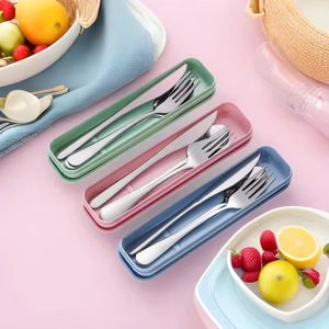 <b>Camping</b> Stainless Steel Cutlery Set Eco-Friendly Classic Design Spoon Fork with Wheat <b>Box</b> for Back School - Product Image 1