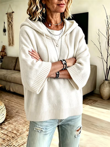 Women's White Hooded Knit <strong>Poncho</strong> 2026 Summer Fall Oversized Faux-Cashmere Sweater 100% Polyester Minimalist <strong>Jumper</strong> - Product Image 4