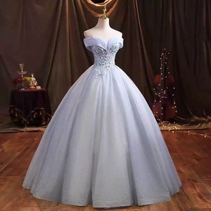 Off The Shoulder Tulle Ball Gown Light Blue Floral Print Empire Waist Evening Dress For Spring Summer Events - Product Image 1