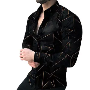 Рубашка мужская с принтом, повседневная приталенная, на пуговицах, с отложным воротником и длинным рукавом, винтажная блуза, осень