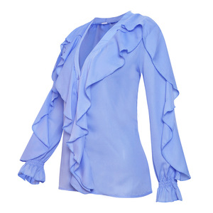 Blus Chiffon Wanita Kerah V Polos Musim Gugur Musim Panas 2026, Atasan Longgar Lengan Lonceng Ruffle Elegan Kasual untuk Wanita Kantoran - Product Image 4
