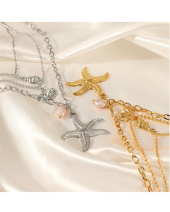 Mode trois couches station balnéaire perle étoile de mer pendentif Niche design vintage coquille coquille collier en acier inoxydable pour les femmes - Product Image 6
