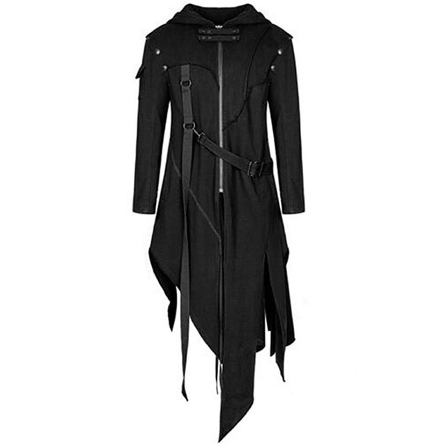 Gothic Punk Hooded Long Coat with Faux Leather Straps - Irregular Hem Cosplay Stage Wear Dark Gothic Daily Outfit for Adults