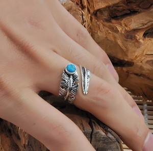 Adjustable Opening Type Vintage <strong>Feather</strong> Natural Stone <strong>Ring</strong> Designs for Men 925 <strong>Silver</strong> - Product Image 4