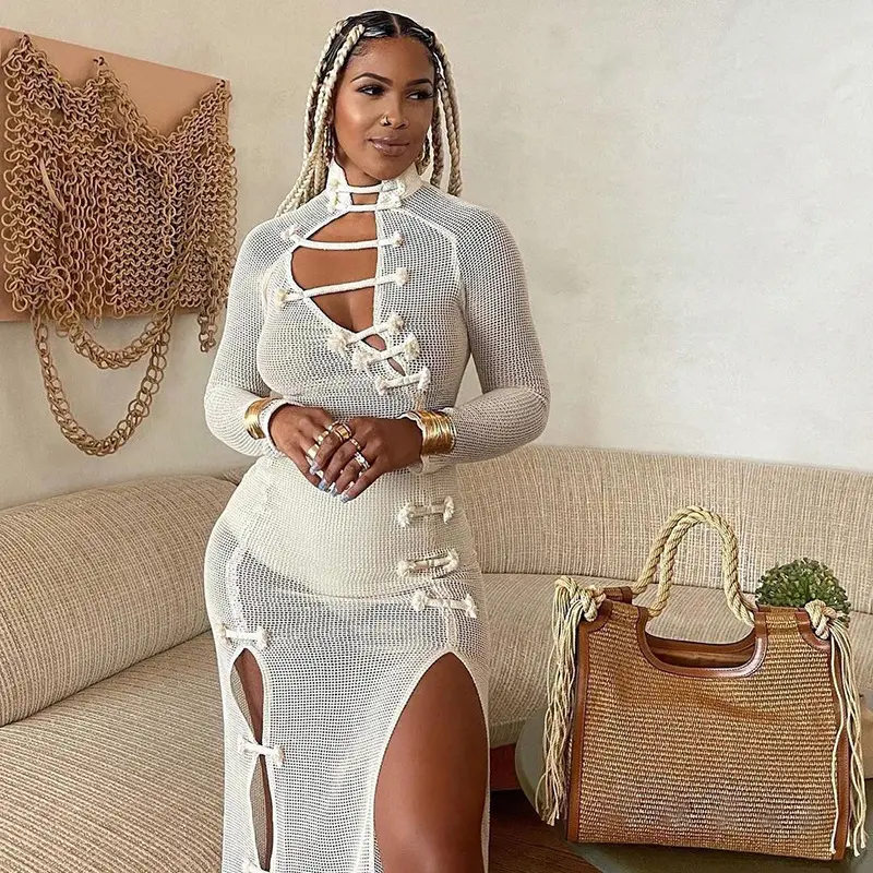 Fall Clothes Outfit Wrap Bodycon See Through Mesh Irregular Lace Up Long Sleeve White Sexy Dresses Hollow Out Fishnet Dress