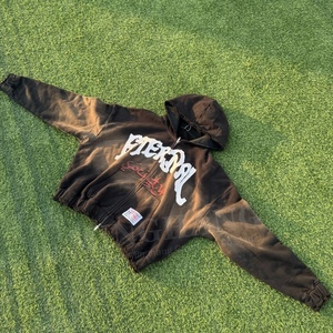 Tùy Chỉnh Đau Khổ Áo Đính Thêu Vá Zip up Áo Khoác Nặng Pháp Terry Axit Rửa Cổ Điển Hoodies Người Đàn Ông - Product Image 2