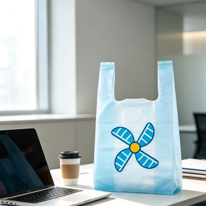 Borsa in plastica personalizzata a forma <span class=keywords><strong>di</strong></span> T-shirt azzurra, riutilizzabile per <span class=keywords><strong>la</strong></span> spesa al supermercato, con stampa logo a forma <span class=keywords><strong>di</strong></span> mulino a vento, all'ingrosso - Product Image 4
