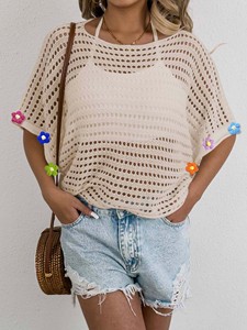 Blusa holgada asimétrica de manga de murciélago calada de punto a máquina para mujer con apliques de ganchillo a mano Casual al por mayor a granel - Product Image 1
