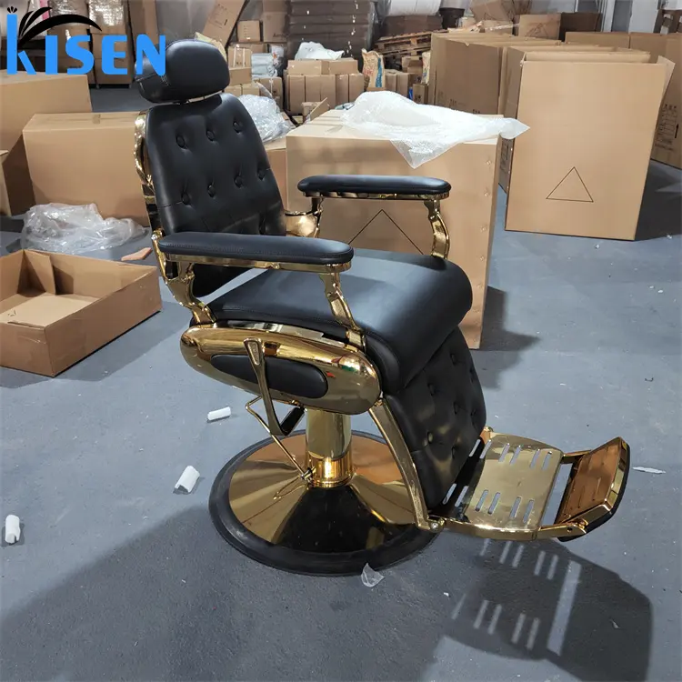 Kisen beauty and hair salon furniture black leather with gold frame base male barber chair price in Guangzhou