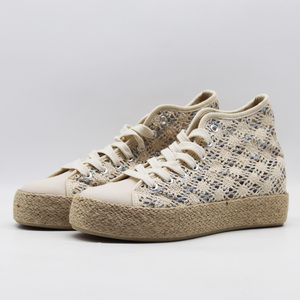 Espadrilles montantes en dentelle crochetée à effet métallique scintillant avec semelle plateforme en jute tressée et détails argentés, style bohème respirant pour femme - Product Image 2