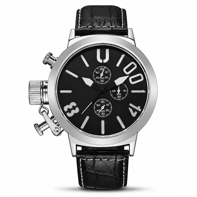 Mens Quartz Chronograph Watch Sport Style 50mm Dial Alloy Case Leather Strap Pointer Display Luxury Design
