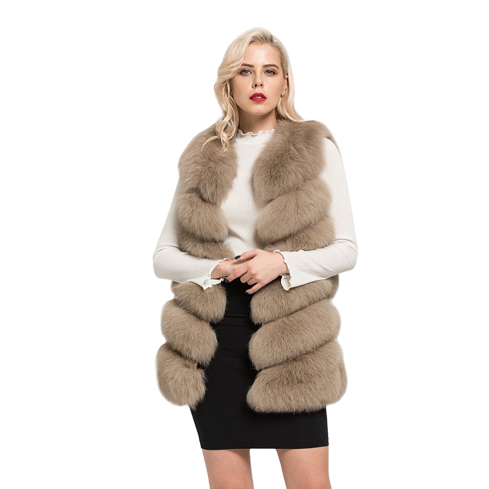 Professional Design Real Fox Fur Long Vest Autumn Winter Warm 6 Rows Gilet Women Casual Soft Waistcoat