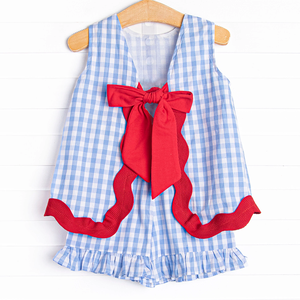 Ropa Infantil: Pelele Vintage Azul a Cuadros Vichy para Niña, Conjunto a Juego con Volantes y Ribete Festoneado, Pelele de Bebé a Cuadros con Lazo Rojo, Vestido de Verano - Product Image 5
