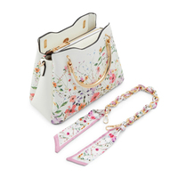 Sac à bandoulière élégant de créateur pour femmes, sacs à main de marque OEM et ODM avec fermeture éclair et chaînes, sacs à main pour dames avec impression florale métallique et foulard
