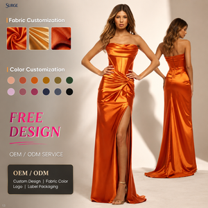 <span class=keywords><strong>Robe</strong></span> de soirée longue moulante personnalisée pour femme, orange, sans bretelles, épaules dénudées, en satin, spandex et polyester, style corset, froncée, avec fente haute - Product Image 1