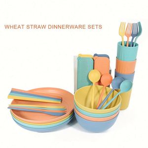 Nouvel ensemble de vaisselle écologique incassable Sinoge Design 28 pièces en paille de blé : couverts, tasses, bols et assiettes - Product Image 3