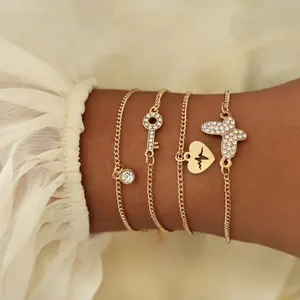 Sindlan-Conjunto de pulsera de eslabones y mariposas dorados, joyería geométrica de cristal y corazón para niña