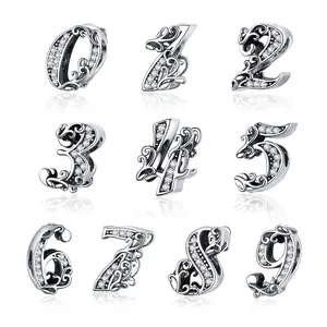 Numeri arabi S925 perline in argento Sterling moda retrò numeri d'argento alfabeti Charms per gioielli che fanno accessori fai da te