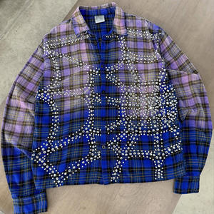 ラインストーンベロアチェック柄フル長袖シャツ2025年春ビンテージスタイルメンズカスタムルースフィットディスドレスアシッドウォッシュラインストーン - Product Image 4