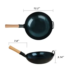Wok cinese con manico in legno wok in acciaio al carbonio antiaderente prestasstagione fatto a mano