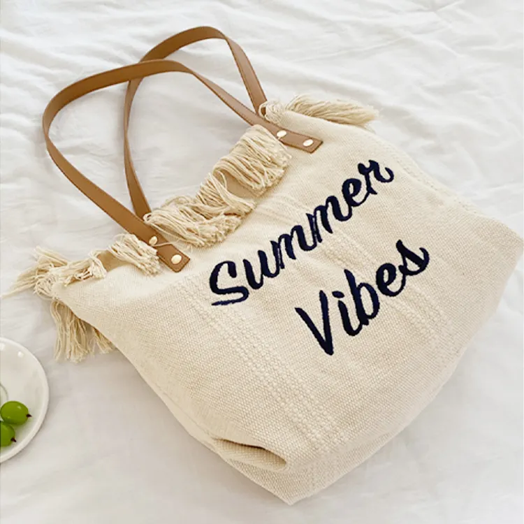 Fashion Design Cotton Canvas Linen Tote Bag Fringe Tote Bag with Tassel Custom Embroidered Logos