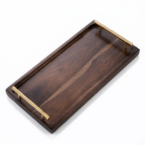 Plateau de service rectangulaire en bois avec poignées métalliques, finition polie, design moderne, pour salle de bain, fait main - Product Image 1