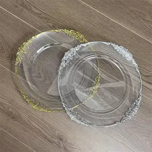 婚礼酒店派对圆形塑料玻璃板餐具装饰金充电板