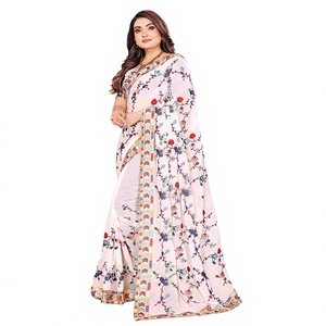 Sari indio de boutique de georgette de visón pesado con bordado multicolor, trabajo de hilo de primera calidad, tradicional para bodas, fiestas, verano e invierno. - Product Image 1