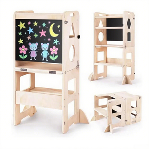 Montessori Toddler Wooden <strong>Foldable</strong> Kitchen Helper <strong>Step</strong> <strong>Stool</strong> Early Educational Equipped with Blackboard for Kids Boys &amp; Girls - Product Image 1
