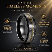 Bagues en carbure de tungstène martelé noir de 8 mm avec incrustation de corne de cerf et de météorite, motif corde de guitare dorée, pour hommes et femmes