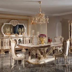Luxus Esszimmer möbel Golden Carved Wood Esstisch Palace Royal Esstisch Set für 8 Personen