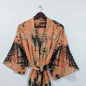 Hecho a mano 100% algodón Vintage Tie-Dye Kimono Robe cómodo ropa de dormir para mujer Sari bolsillos cinturón más cerca para verano otoño OOTD - Product Image 1