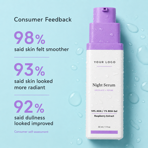 Suero Nocturno de Doble Efecto con Fórmula Vegana, 10% AHA, 1% BHA, para Piel Seca, Rugosa y con Poros Grandes, Etiqueta Privada - Product Image 2