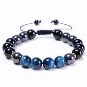 Custom Large 10mm Natural Black ematite Blue Tiger Eye Stone Woven Beaded Gemstone bracciali cristalli gioielli da uomo regolabili - Product Image 1