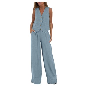Conjunto de dos piezas de <span class=keywords><strong>lino</strong></span> y algodón de verano para <span class=keywords><strong>mujer</strong></span>, <span class=keywords><strong>chaleco</strong></span> sin mangas, Tops y pantalones, trajes de chándal personalizados para ocio de oficina - Product Image 5
