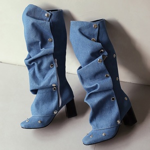 Metal Rivets Loose Pleated Upper Shoes Chunky Heels Square Toe Denim Long <b>Boots</b> Women's Big Size 48 Wide Fit Knee High Booties - Product Image 6