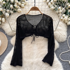 Suéter de manga hinchada con doble botonadura y cuello cuadrado de fragancia pequeña Top de Base Irregular ajustado que combina con todo para mujer - Product Image 3