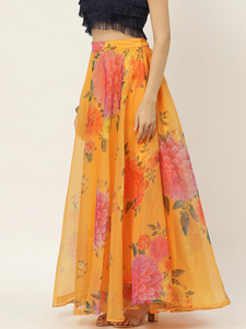 Fashion Women Mustard <strong>Yellow</strong> &amp; Pink Floral Print Casual Cotton Wrap <strong>Skirt</strong> With Zipper - Product Image 2