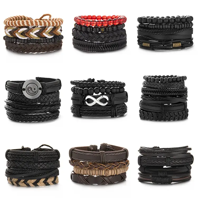 Hot selling men's beaded leather bracelet fashion braided combination bracelet set now