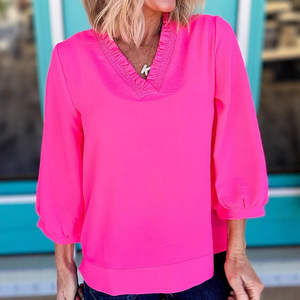 Hot Selling <strong>Neon</strong> <strong>Pink</strong> V Neck Three Quarter Sleeve Loose Casual Women Blouse <strong>Top</strong> Stock Wholesale - Product Image 1
