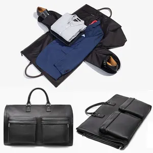 Özel siyah Vegan deri erkek katlanabilir seyahat çantası haftasonu Duffel çanta erkekler için deri spor çantası