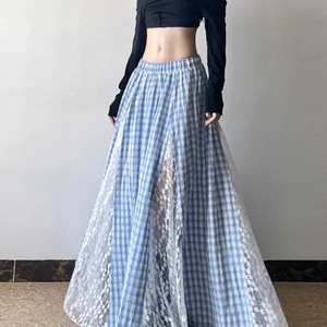 Y2K esthétique dentelle Patchwork pantalons longs femmes été taille haute Plaid droit large jambe pantalon femme coréen Chic bas - Product Image 6