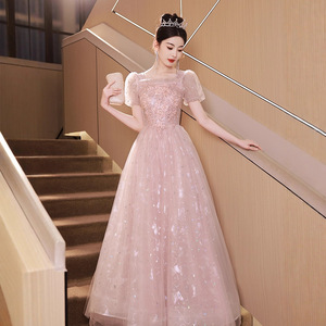 Pink Ball Gown Evening Dress Square Collar Empire Waist 3D Embellished For Weddings Banquets Birthday Parties - Product Image 2