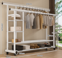 Étagère de rangement pour vêtements à double barre à double couche 1,5 m crème blanc avec filet latéral peut contenir des bagages et des chaussures Convient aux salons